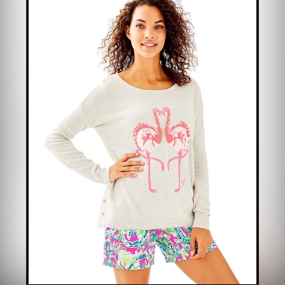 Lilly Pulitzer Seaside Grey Caralynn Sweater Flamingo Preppy‎ Resort Wear